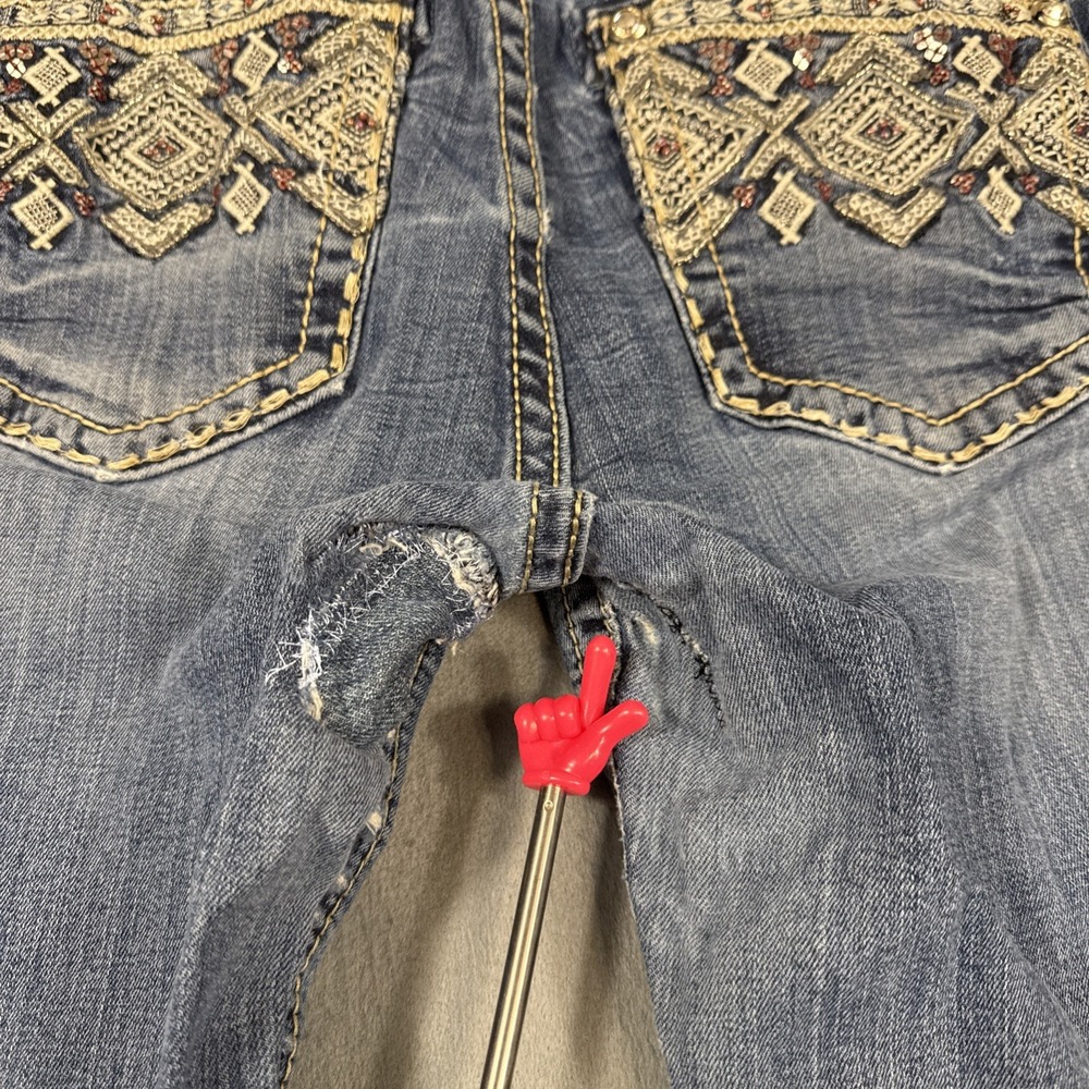 Miss Me 30x32 Mid-Rise Boot Jeans TRIBAL Embellished WHISKERING THICK STITCH - Picture 2 of 11